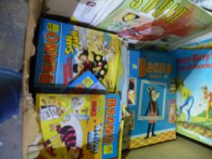 A box of children's albums, 70s, 80s, to include Beanos and a box of stamps Worldwide and GB