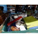 Three boxes of mixed collectables to include thimbles, Crested ware, 7" vinyls, spice jars, etc
