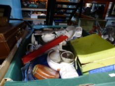 Three boxes of mixed collectables to include thimbles, Crested ware, 7" vinyls, spice jars, etc