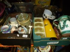 Two boxes to include pottery jug, flask, Poole pottery, glasses, bowls, etc