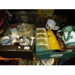 Two boxes to include pottery jug, flask, Poole pottery, glasses, bowls, etc