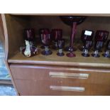 Quantity red glass vases, jugs, wine glasses, etc