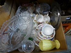 Two boxes of mixed china, glass, metal ware and sundries, to include Royal Stafford plates, Royal
