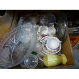 Two boxes of mixed china, glass, metal ware and sundries, to include Royal Stafford plates, Royal