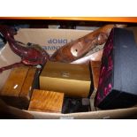 A box of treen to include various boxes, carved masks and two European wood framed laced screens,