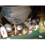 A box of mixed china figures, animals, birds, dogs and mantle clocks, lamp and chamber pot