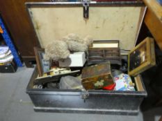 Vintage trunk containing collectables including minature chest of drawers, teddy tins, etc