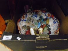 A mixed box of china to include oriental pieces, snuff bottles, etc and a box of vintage framed