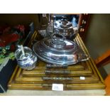 Four graduated wooden serving trays with a small quantity of silver plate to include a coffee pot