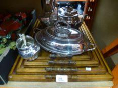 Four graduated wooden serving trays with a small quantity of silver plate to include a coffee pot