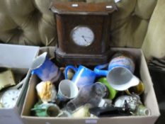 Box of ceramics including graduated jugs, oil lamp, treen, etc