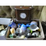 Box of ceramics including graduated jugs, oil lamp, treen, etc