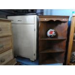 Vintage painted kitchen cupboard and oak hung corner shelves