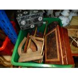 Four boxes of treen to include a variety of boxes, carved elephants, Asian figure, mirror with