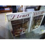Two large framed prints of French flower shops and other modern canvases
