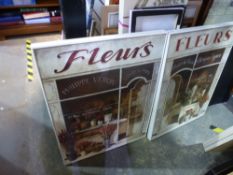 Two large framed prints of French flower shops and other modern canvases