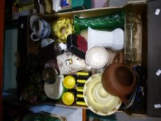 Three boxes of china, glass and sundries to include vases, teapots, snooker balls, etc