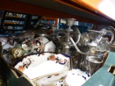 A box containing Masons ware, silver plate items to include coffee pot, candelabra, etc