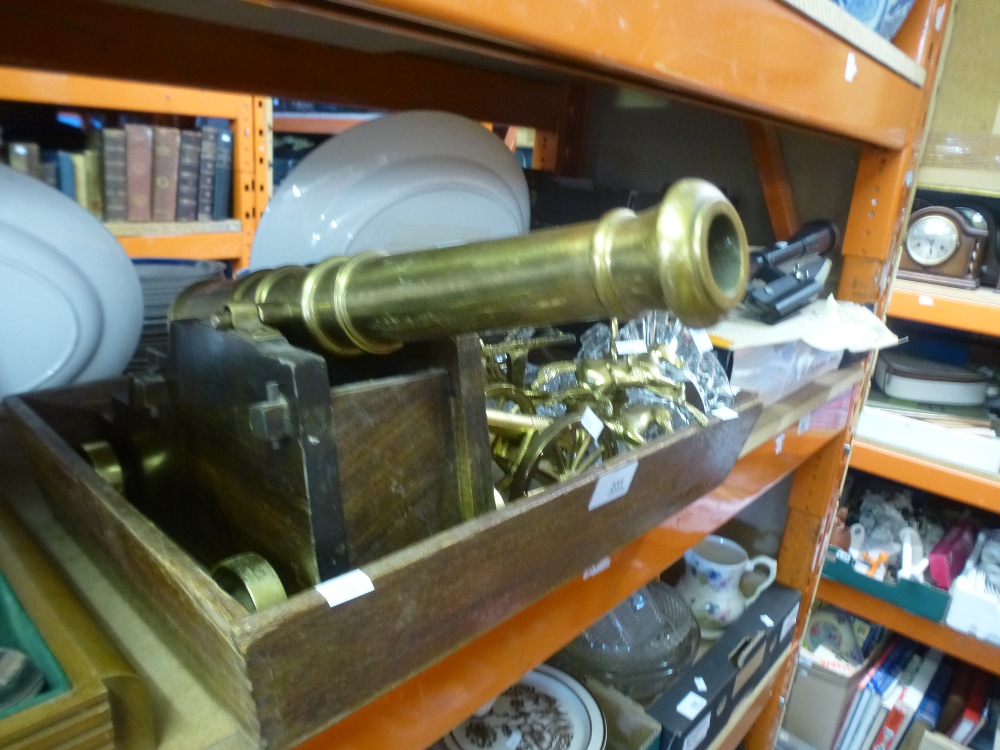 A wooden tray of mostly brass items to include a Cannon, reproduction flink lock pistol, etc - Image 2 of 2