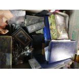 A box of mixed items to include two folders of first day covers, cutlery, wooden boxes etc