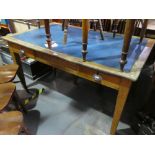 Vintage oak rectangular desk with blue leather top, above two drawers