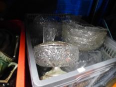 One box of glassware and two boxes of sundry to include pottery, boxes porcelain doll, etc