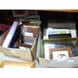 Two boxes of modern prints including Beryl Cook calendar and a plastic box of cameras and