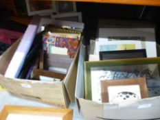Two boxes of modern prints including Beryl Cook calendar and a plastic box of cameras and