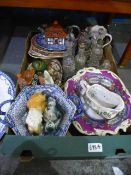 Box of china and glass including cruet set, meat plates, salt and pepper pots, etc