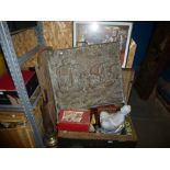 A wooden trunk filled with sundry items to include china, Budha, metal firescreen, wooden footstool,
