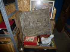 A wooden trunk filled with sundry items to include china, Budha, metal firescreen, wooden footstool,