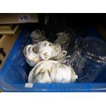 Four boxes of mixed glass, china and pictures to include Colclough, Spode, Byron, Coronationware,