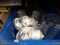 Four boxes of mixed glass, china and pictures to include Colclough, Spode, Byron, Coronationware,