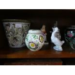 Two shelves of china, glass and pottery ornaments, to include Masons Ginger jar, Nao figures, etc