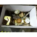 Box of collectables, including mantel clocks, dressing table mirror, etc