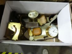 Box of collectables, including mantel clocks, dressing table mirror, etc