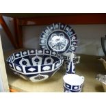Dark blue and white porcelain items to include plates, cups, bowls, etc