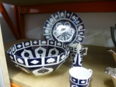 Dark blue and white porcelain items to include plates, cups, bowls, etc