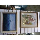 A framed oil painting of a Dolman plus two framed needlework images of windmills