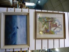 A framed oil painting of a Dolman plus two framed needlework images of windmills