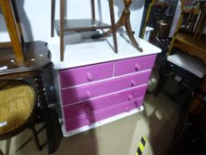 White and pink painted pine chest of 2 short over 3 long drawers