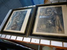 Seven framed and glazed prints depicting village horse scenes and London buildings