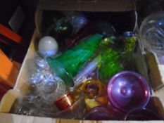 Two boxes of mixed glassware to include vases, bowls, etc