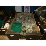 A box of cut glass and etched glasses, along with two boxes of mixed items to include silver