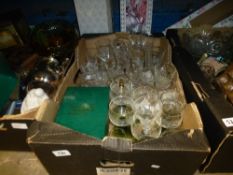 A box of cut glass and etched glasses, along with two boxes of mixed items to include silver