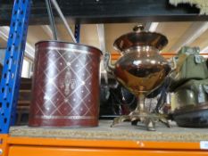 A copper urn with lid, bed warmer, waste paper basket and a cast iron bookstand