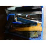A crate of drawing equiment including various pens, one being a cased Sheaffer pen etc
