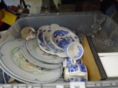 A tub of mixed china, glass and sundries to include blue and white Coalport, etc