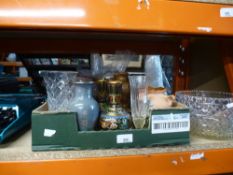 A box of mixed glassware, ceramics to include cloisonne vases and cut glass bowls