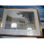 A framed and glazed print of a horse drawn plough in a wild flower meadow, no 254/500, signed W R